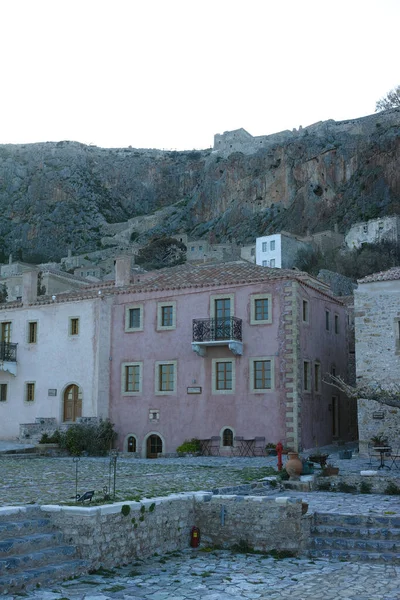 Romántico Pueblo Griego Fortificado Isla Roca Monemvasia Atardecer Peloponeso Grecia — Foto de Stock