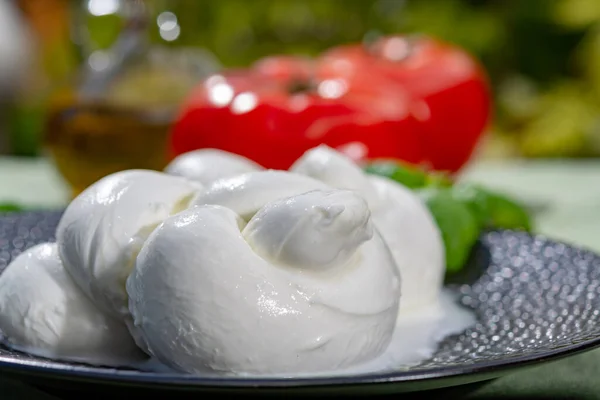 Taze Fesleğen Domatesle Servis Edilen Yumuşak Talyan Mozzarellası Şeklinde Kıvrılmış — Stok fotoğraf