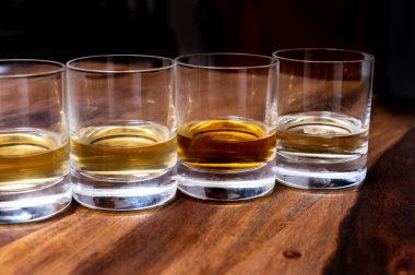 İskoç viskisi ya da karışık viski tatma İskoçya, İngiltere 'de içki imalathanesinde, yakın çekim