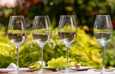 İtalya, Veneto 'da şarap terasında Pinot Gridgio şarabı tatmak. Güneşli bir günde dışarıda servis edilen soğuk, kuru şaraplar.