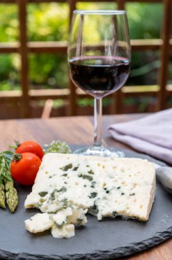 Fransız peynirleri koleksiyonu, bir parça rokfor, Güney Fransa 'dan koyun sütü, yumuşak mavi peynir. Kapat.