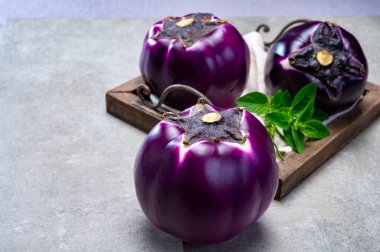 Taze taze Sicilya mor küresi patlıcanlar pişirmeye hazır sebzeler, sağlıklı İtalyan yemekleri.