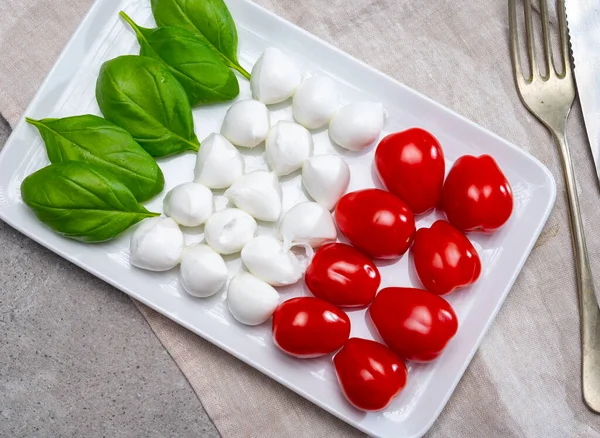 Nourriture Italienne Servie Comme Drapeau Italie Tricolore Basilic Vert Frais — Photo