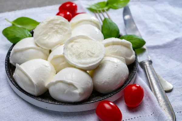 Comida Italiana Saborosa Bolinhas Queijo Macio Mussarela Búfalo Branco Fresco — Fotografia de Stock