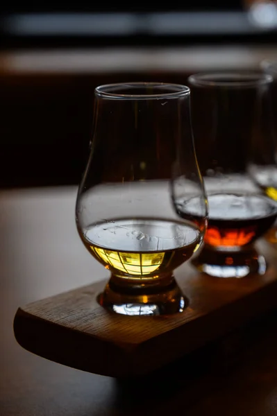 Vôo Uísque Escocês Copos Degustação Com Variedade Maltes Simples Bebidas — Fotografia de Stock