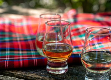 Tasting of different Scotch whiskies on outdoor terrace, dram of whiskey and red tartan close up clipart