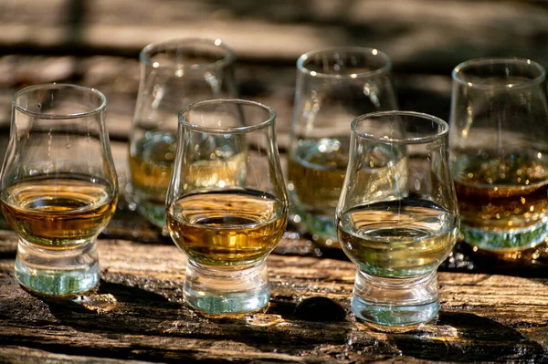 Tasting Different Scotch Whiskies Outdoor Terrace Dram Whiskey Close — Stock Photo, Image