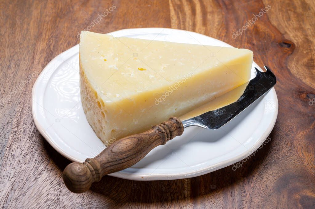 Italian cheeses collection, matured pecorino romano hard cheese made from sheep melk close up