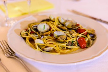 Vongole deniz kılıfı ve küçük kırmızı domatesli ev yapımı spagetti.
