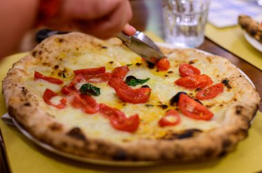 İtalyan pizzası, mozzarella peyniri, küçük kırmızı domates ve taze fesleğen.