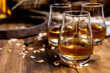 Speyside viskisi. Arpa tanecikli eski siyah ahşap şarap masasında tadıyor.