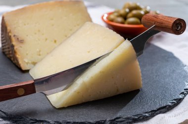 Spanish tapas, manchego cheese made from sheep milk and green olives close up clipart