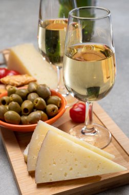 İspanyol tapas, manchego peyniri, yeşil zeytin, peynirli kraker ile servis edilen kuru soğuk fino şeri şarabı.