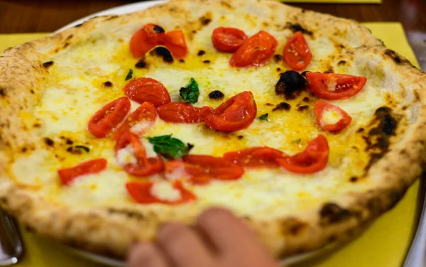 Eating Italian Pizza Mozzarella Cheese Small Red Tomatoes Fresh Basil — Stock Photo, Image