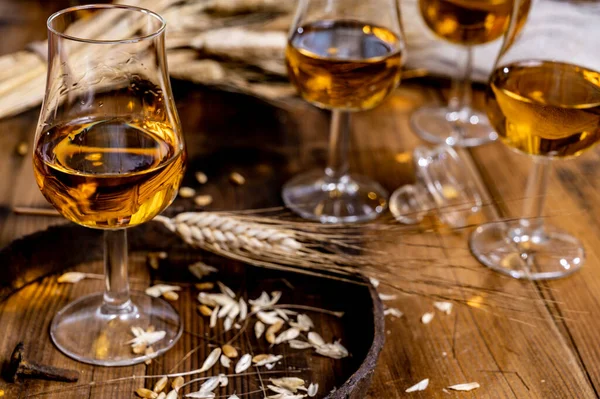 Tasting Glasses Aged Scotch Whisky American Bourbon Old Dark Wooden — Stock Photo, Image