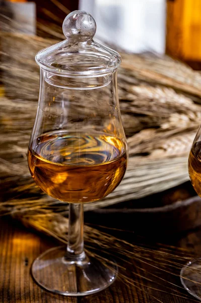 Tasting Glasses Aged Scotch Whisky American Bourbon Old Dark Wooden — Stock Photo, Image