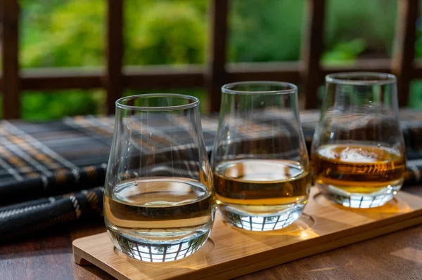 Különböző Skót Whisky Italok Kóstolása Hagyományos Régi Brit Házban Fából — Stock Fotó