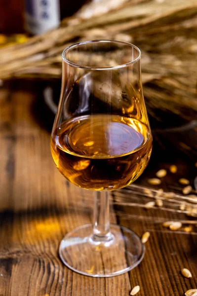 Ochutnávka Sklenice Starou Skotskou Whisky Nebo Americký Bourbon Starém Tmavém — Stock fotografie