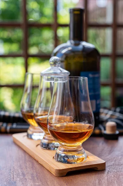 Tasting of different Scotch whisky drinks in traditional old British house with wooden windows