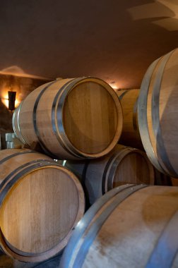 Fransa 'nın güneyinde, Collobrieres, Provence bölgesi yakınlarındaki Cotes de Provence' de şarap mahzeninde şarap fıçıları bulunan mağara, Fransa 'da kırmızı ve gül şarabı üretimi