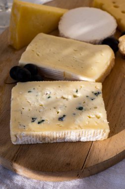 Mermer tahtada Fransız peyniri koleksiyonu, emmental, carre de aurillac, petit cantal AOP Jeune, buche chevre ve brie