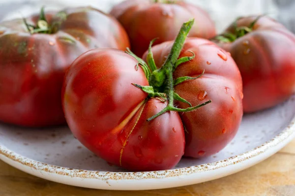 Nova Colheita Tomates Herança Rabanete Roxo Grandes Preto Crimeia Perto — Fotografia de Stock