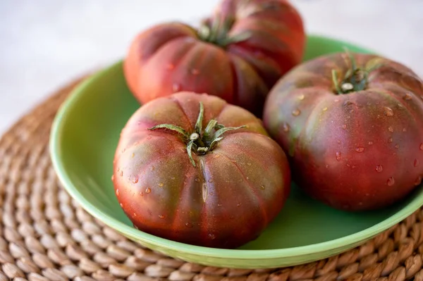 New Harvest Big Raddish Purple Heirloom Tomatoes Black Crimea Close — Stock Photo, Image