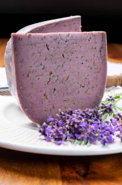 Peynir koleksiyonu, aromatik lavanta tohumlarından yapılmış menekşe sert peynir parçaları ve taze lavanta çiçekleri.