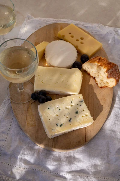 Degustación Maridaje Vino Blanco Frío Con Diferentes Quesos Franceses Soleada — Foto de Stock