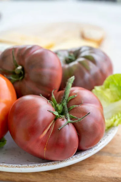 Nova Colheita Tomates Herança Rabanete Roxo Grandes Preto Crimeia Perto — Fotografia de Stock