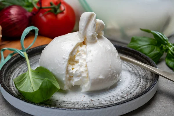 Jíst Čerstvý Ručně Vyrobený Měkký Italský Sýr Puglie Bílé Kuličky — Stock fotografie