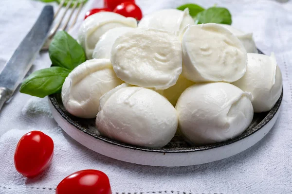 Comida Italiana Saborosa Bolinhas Queijo Macio Mussarela Búfalo Branco Fresco — Fotografia de Stock