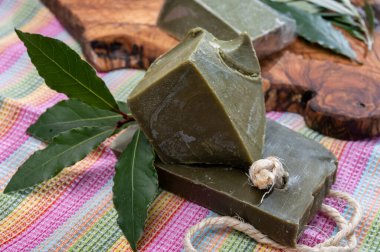 Green blocks of handmade bio vegetal laurel bay leaf soap from Provence, France clipart