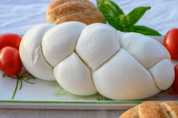 Färsk Mjuk Vit Italiensk Ostfläta Mozzarella Buffel Gjord Italiensk Buffelmjölk — Stockfoto