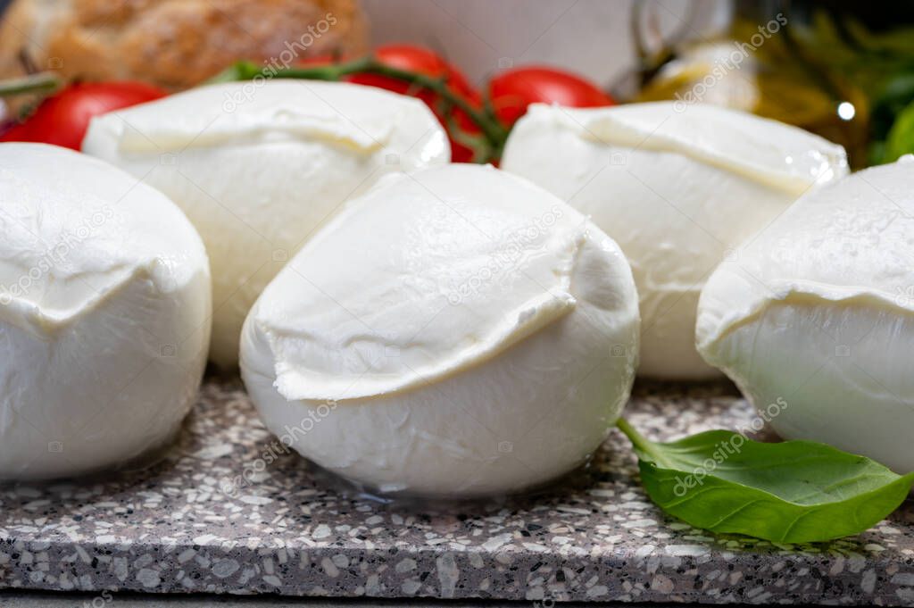 Fresh handmade soft Italian cheese from Campania, white balls of buffalo mozzarella cheese made from cow milk ready to eat close up