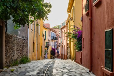 Renkli Collioure manzarası, dar sokaklar ve sarı, pembe, turuncu evler, yazlık tatil beldeleri tarihi buding ve plajlar, Pirenes-Orientales, Fransa yazın