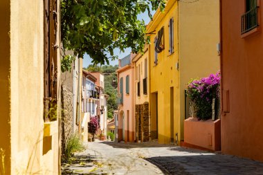 Renkli Collioure manzarası, dar sokaklar ve sarı, pembe, turuncu evler, yazlık tatil beldeleri tarihi buding ve plajlar, Pirenes-Orientales, Fransa yazın