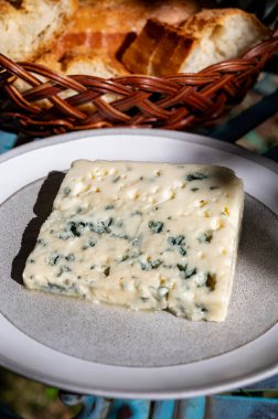 Fransız Rokfor peyniri Rokfor peyniri, Rokfor-sur-Soulzon mağaralarında koyun sütünden yapılmıştır. Fransa açık havada güneşli bahçede servis edilir.