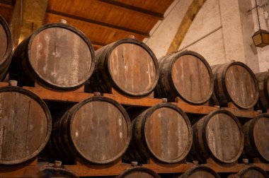 Eski büyük meşe fıçılarıyla şarap mahzeni ziyareti, Marsala, Sicilya 'da güçlendirilmiş kuru veya tatlı marsala şarabı üretimi, İtalya' da şarap endüstrisi