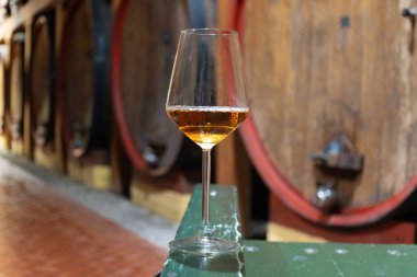 Eski büyük meşe fıçılarıyla şarap mahzenini ziyaret etmek, Marsala, Sicilya, İtalya ve şarap endüstrisindeki varillerden alınmış bir bardak güçlendirilmiş veya lezzetli marsala şarabı.