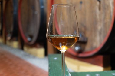 Eski büyük meşe fıçılarıyla şarap mahzenini ziyaret etmek, Marsala, Sicilya, İtalya ve şarap endüstrisindeki varillerden alınmış bir bardak güçlendirilmiş veya lezzetli marsala şarabı.