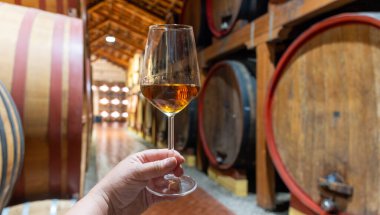 Eski büyük meşe fıçılarıyla şarap mahzenini ziyaret etmek, Marsala, Sicilya, İtalya ve şarap endüstrisindeki varillerden alınmış bir bardak güçlendirilmiş veya lezzetli marsala şarabı.
