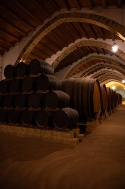 Eski büyük meşe fıçılarıyla şarap mahzeni ziyareti, Marsala, Sicilya 'da güçlendirilmiş kuru veya tatlı marsala şarabı üretimi, İtalya' da şarap endüstrisi