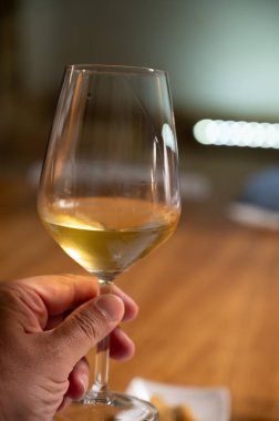 Eski büyük meşe fıçılarıyla şarap mahzeni ziyareti, güçlendirilmiş kuru veya tatlı marsala şarabı ile tatma bardakları Marsala, Sicilya, İtalya 'da şarap endüstrisi