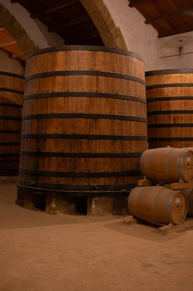 Eski büyük meşe fıçılarıyla şarap mahzeni ziyareti, Marsala, Sicilya 'da güçlendirilmiş kuru veya tatlı marsala şarabı üretimi, İtalya' da şarap endüstrisi