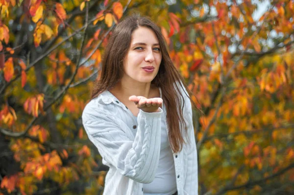 Giovane Donna Con Foglie Autunnali Mano Autunno Giallo Acero Giardino — Foto Stock