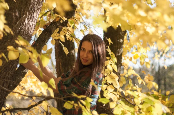 Portret Van Jonge Mode Vrouw Buiten Herfst Achtergrond — Stockfoto