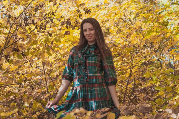 Portret Van Jonge Mode Vrouw Buiten Herfst Achtergrond — Stockfoto