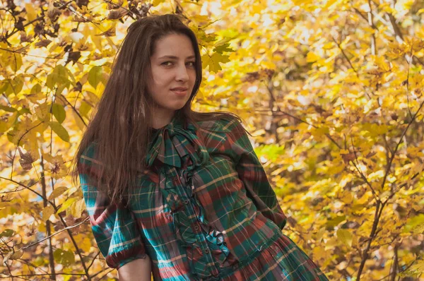 Portret Van Jonge Mode Vrouw Buiten Herfst Achtergrond — Stockfoto