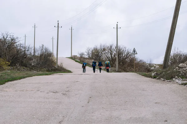 Hikers group trekking in Crimea, Ukraine mountains